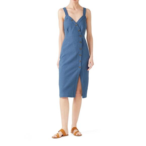 SAYLOR‎ AVALYN Blue Denim Chambray Jumper Wrap Button Dress Sleeveless Sz M - Picture 1 of 8